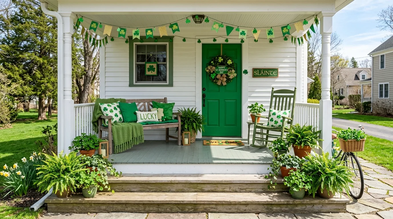 Green-themed St. Patrick's Day front porch decor